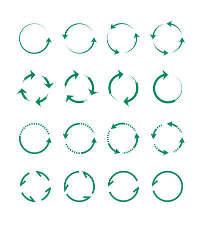 Circular and swirling arrows set. Green whirlpools from geometric lines directional indicators moving ornament of tips smooth transition with merging. Vector characters.のイラスト素材