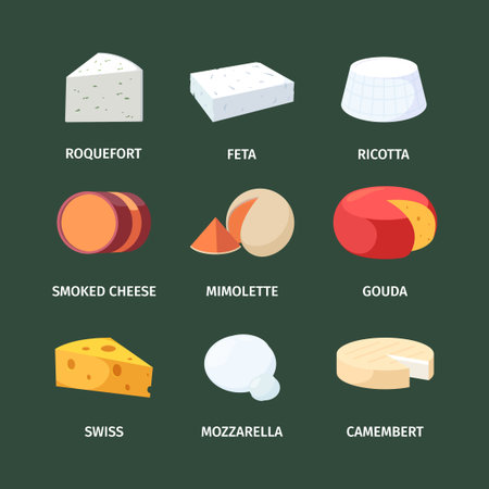 Cheese set. White cheeses with roquefort and feta mold round smoked orange triangle in passing soft...