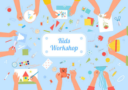 Handmade kids workshop creative illustration. Developing hobby for children active handicraft as fun art drawing colored applique making soft toys and weaving beaded bracelets. Vector create cartoon.のイラスト素材