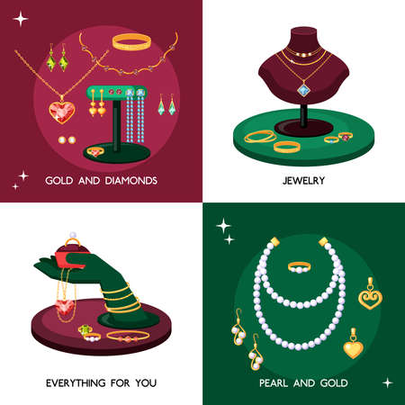 Jewelry accessories illustration set. Expensive jewelry made of gold and precious stones necklaces with pearls elegant vintage treasures topaz necklace with emeralds and sapphires. Diamond vector.のイラスト素材