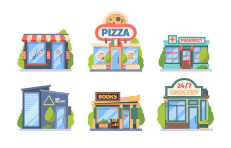 Shops and stores set. Commercial color retail markets food drug sales city boutiques with window...