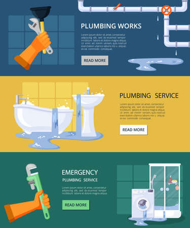 Emergency plumbing horizontal banners. Repair clogged pipe drain emergency elimination dirty water streams pouring from toilet bathtub adjustment washing bathing equipment. Cartoon vector.のイラスト素材