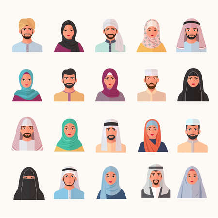 Eastern muslim characters avatars set. Smiling arab faces of men women in chador and burqa trendy colored hijabs traditional Islamic profiles stylish dark mustache and beard. Profile cartoon vector.のイラスト素材