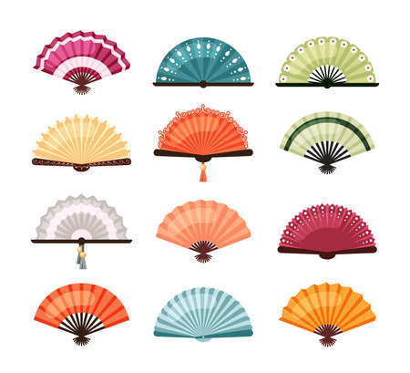 Asian fans set. Traditional oriental decoration colorful designs red orange Japanese accessories and blue green Chinese elegant folding bamboo object richly decorated. Cartoon color vector.のイラスト素材