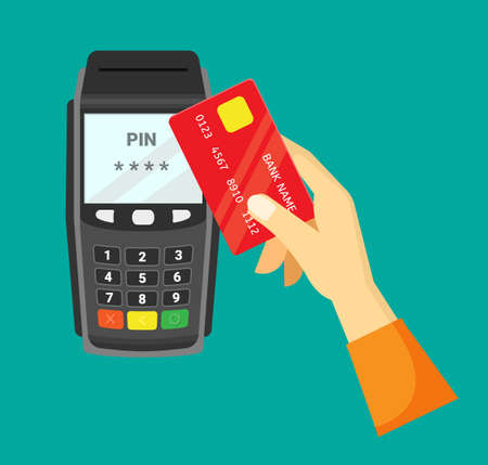 Payment via cash register illustration. Hand with red credit card conducts withdrawal from account convenient portable terminal quick online money settlement transactions deposits. Commercial vector.のイラスト素材