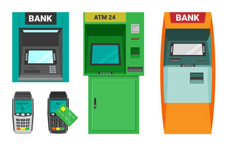 ATM machine and cash terminal set. Device for accepting dispensing cash transactional card payments electronic credit finance web payments in shops and supermarkets. Commercial vector.のイラスト素材