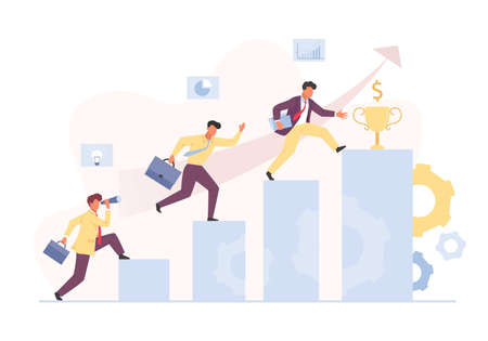 Career rise to financial success concept. Character manager is gradually growing from an ordinary employee to head of company profit chart to main monetary prize. Flat vector ambition.のイラスト素材