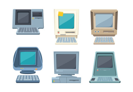 Retro computers set. Old electronic PC various shapes layouts information gadgets with builtin case...