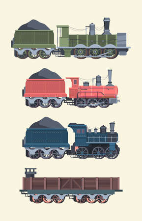 Retro steam locomotives set. Old steam powered trains coal trailers classic rail travel with smoke artistic color designs comfortable transportation symbol transport industry. Art cartoon vector.のイラスト素材