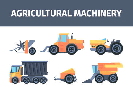Agricultural machines and mechanisms set. Powerful truck for transporting grain modern combine harvesting grain crops farm tractor with specialized mower mechanical seeder. Vector flat style.のイラスト素材
