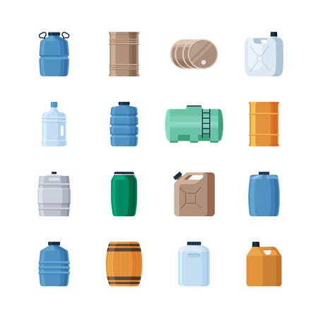 Various containers liquid set. Wooden barrels for storing wine production iron barrels storing gasoline oil green canister blue dense plastic bottles large volumes drinking water. Vector style.のイラスト素材