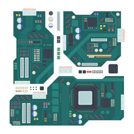 Computer motherboard illustration. Green panel with compartment for central processor capacitors and...