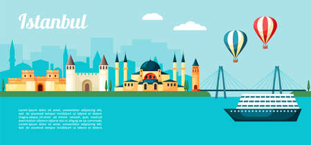 Excursion to Istanbul illustration. Colorful seaport with inbound cruise ship ancient turkish landmarks eastern city with great temple and ancient fortresses minarets. Cartoon color vector.のイラスト素材