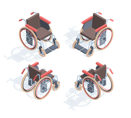 Wheelchair isometric view. Medical special equipment people with disabilities comfortable orthopedic seats and footrests device physical rehabilitation necessary means transportation. Vector help.のイラスト素材