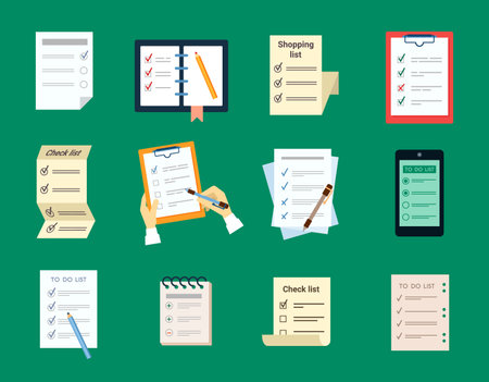 Checklist test to do set. Document questionnaire with brochure with choice of wishes notes and reminders in electronic form and paper with pencil important checkmarks answers. Cartoon vector styleのイラスト素材