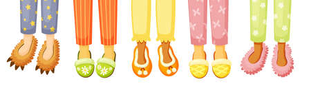 Legs in slippers illustration. Comfortable stylish shoes cozy home with colorful design creative shape fluffy kids in form of animals elegant adults indispensable in household hotel. Vector cartoon.のイラスト素材