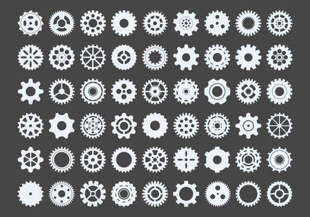 Cogwheels large set. Metal snowflakes industrial components for mechanisms round gear with numerous teeth and spacers hole tracery and graphic engineering powerful transmissions. Vector circle.のイラスト素材