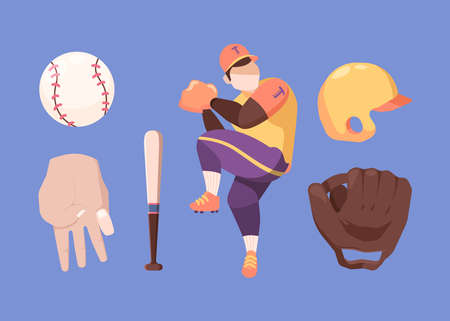 Baseball set. Character in special professional sports uniform prepares for throw protective yellow helmet baseball bat and ball brown pitcher gloves for catching. Vector competition.のイラスト素材
