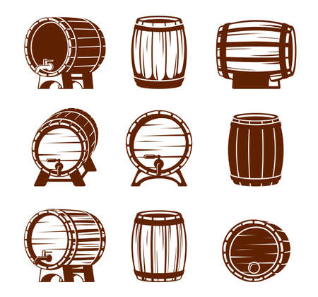 Retro wooden barrels set. Strongly knocked down vaults oak plank containers with taps and plugs brown containers for storing liquids convenient storage for cognac in distillery. Vector drink.のイラスト素材