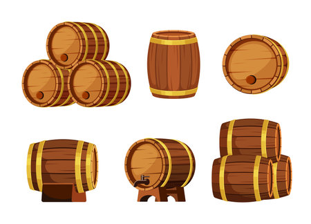 Wooden barrels set. Brown containers for storing liquids convenient storage for wine and cognac in...