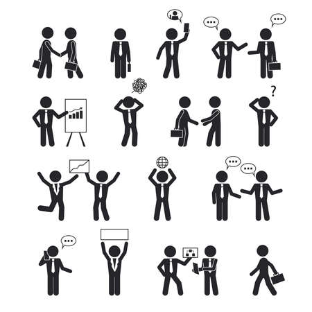 Business and communication human stick set. Friendly commercial agreement and showing economic charts global development and confusion ideas in head coming to work with portfolio. Financial vector.のイラスト素材