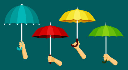Hands hold umbrellas. Protection from rain and bad red climate rescue from green wet meteorological troubles obligatory blue bank insurance safe coverage expenses. Cartoon climate vector.のイラスト素材