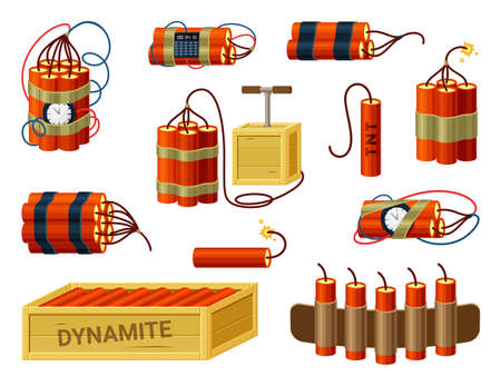 Dynamite bundles set. Box with ready explosives cartridge belt with miniature fuses red sticks with timer prepared bomb with hand detonators burning cable of detonating device TNT. Vector hazard.のイラスト素材