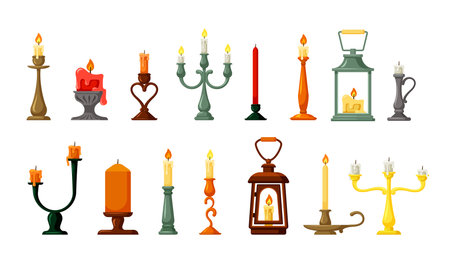 Retro candlesticks and lamps set. Old hand lanterns with candle green twisted wax holders elegant victorian style decorative yellow bronze and decorations traditional lighting. Vector catoon decor.のイラスト素材