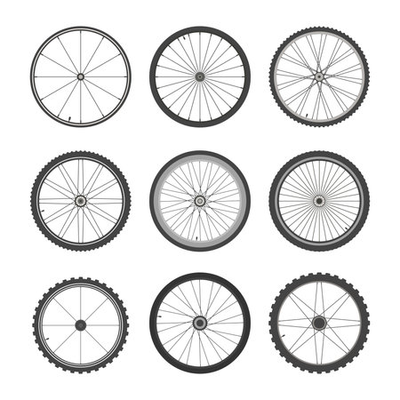 Bicycle wheels set. Circle with professional tires and spoke tracery for fast and high quality driving extreme sports and high speeds relief tires with powerful aluminum rims. Vector travel.のイラスト素材