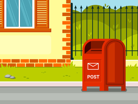 Street mailbox near house illustration. Red container for receiving correspondence against background of green lawn and private area convenient retro box written communication. Information vector.のイラスト素材