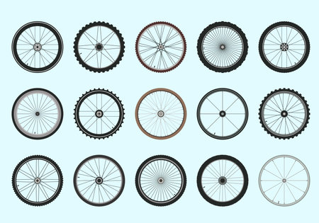 Bicycle wheels with spokes geometric tracery set. Professional toothed tires for fast and high quality driving extreme sports and circle high speeds relief tires with aluminum rims. Vector design.のイラスト素材