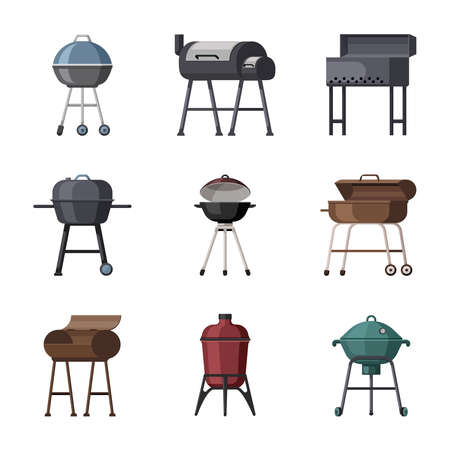 Portable grills set. Metal cooking equipment for frying meat and vegetables round square geometric barbeque shapes propane and charcoal picnic outdoor family fun. Vector cartoon chef.のイラスト素材