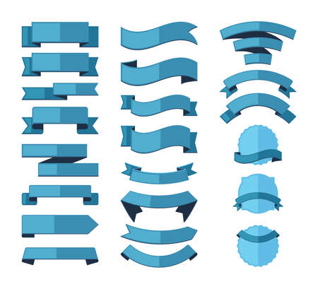 Geometric ribbon stripes banners set. Blue templates for advertising and marketing promotion curved linear promo decorations for fashion discounts and offer forms. Vector graphic element.のイラスト素材