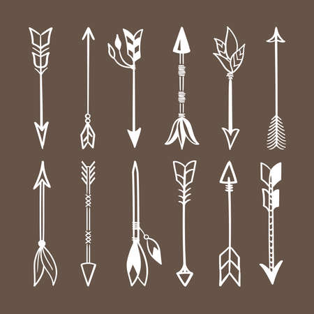 Various arrows for bow set. White weapons Indian tribes tribal natives ritual and combat arrows with tied amulets shamanic talismans hand made with magnificent plumage sharp tip. Vector hunting.のイラスト素材
