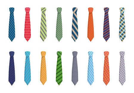 Variety of ties set. Elegant blue striped textiles with red checkers pink wavy with green mesh and solid purple festive work piece clothing with trendy design. Vector accessory cartoon.のイラスト素材