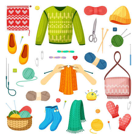 Knits and knitting set. Handicrafts green sweater with red mittens woolen threads knitting needles warm blue socks with decorative beginning of cap natural knitted jersey. Cartoon vector.のイラスト素材