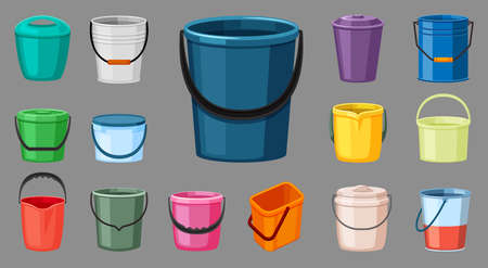 Various colored buckets set. Plastic blue container for transferring liquids necessary pink aluminum help household metal handy tools repairing and green garden irrigation. Bucketful vector.のイラスト素材