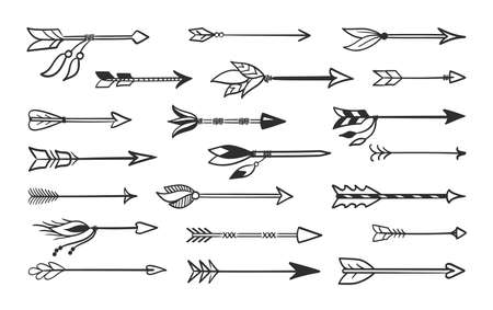 Hand made arrows for bow set. Contour black weapons indian tribes tribal natives ritual and combat arrows with tied amulets shamanic talismans with magnificent plumage sharp tip. Vector sketch.のイラスト素材