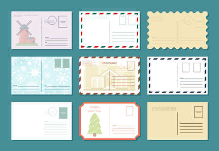 Postcards retro banner set. Celebration vintage greeting letters traditional empty featuring antique buildings new years eve with green fir tree and falling snowflakes. Creative vector nostalgia.のイラスト素材