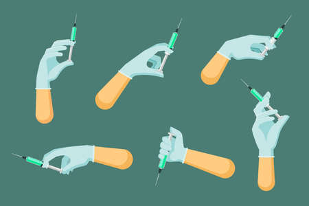 Hand in sterile glove holds syringe set. Immunization and vaccination with disposable plastic medical instrument against dangerous diseases strong protection  . Vector prevention.のイラスト素材