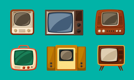First retro televisions set. Vintage tube brown gadgets with small screen old compact equipment with analogue signal reception through antenna red built in radio and massive speakers. Vector classic.のイラスト素材