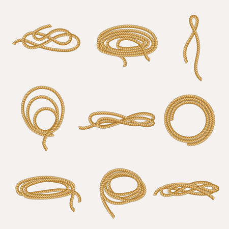 Skeins and rope trimming set. Twisted strong cord for secure tie down and fall arrest nautical rope knotted sails lasso for lassoing wild horses catching cattle. Vector reliability.のイラスト素材