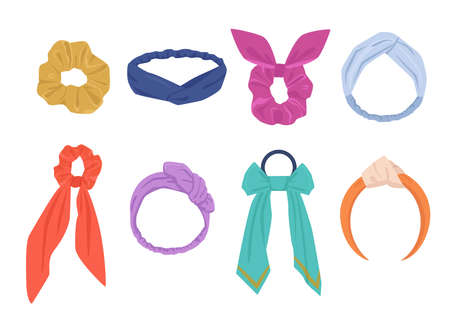 Elegant hair ties and hoops set. Fashionable womens yellow accessory with hanging blue ribbons stylish purple headband and vintage orange bandana with elastic inserts. Vector fashion.のイラスト素材