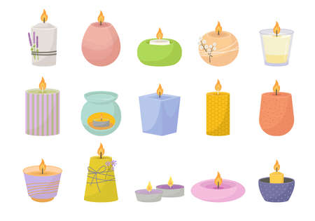 Relaxing aroma candles set. Curly wax for spa salons and meditation with aromatherapy purple beauty pastel.のイラスト素材