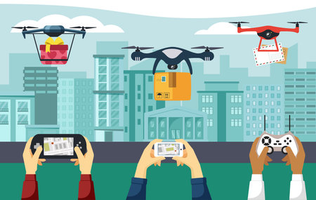 Drones deliver parcels illustration. Hands hold electronic control panels and smartphones for...