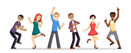 Group of people happily dancing illustration. Cheerful young women and men jump up and clap their...