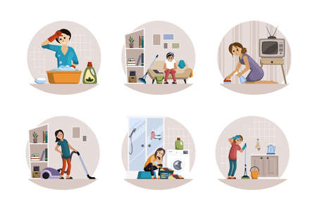 Women tired domestic work set. Girl with vacuum cleaner holds her aching lower back sad woman sits near washing machine with dirty things heavy washing of kitchen. Vector cartoon stress.のイラスト素材