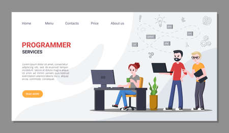 Work and services for programmers home page. Professional programming and writing new digital applications training coding specialists with creative developments. Vector online banner.のイラスト素材