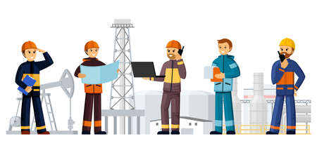 Builders construction site of oil factories illustration. People in helmets and uniforms developing gasoline production ordering building materials engineering and foreman inspectors. Vector cartoon.のイラスト素材