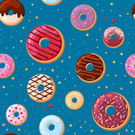Cream tasty donuts seamless pattern. Yummy pastries with cream sprinkled caramel and chocolate powder festive treat with designer delicious tracery decoration of holiday. Vector candy cartoon.のイラスト素材
